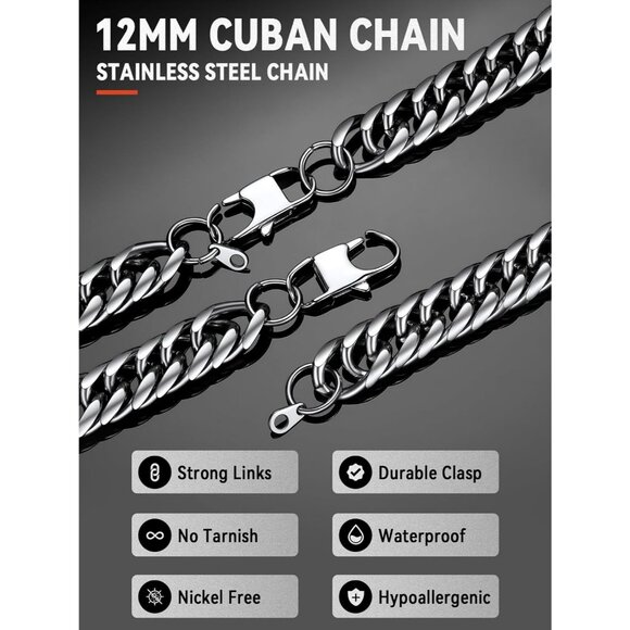 Men's 12mm Silver 14K Gold Plated Stainless Steel Miami Cuban Chain Necklaces - Picture 3 of 7